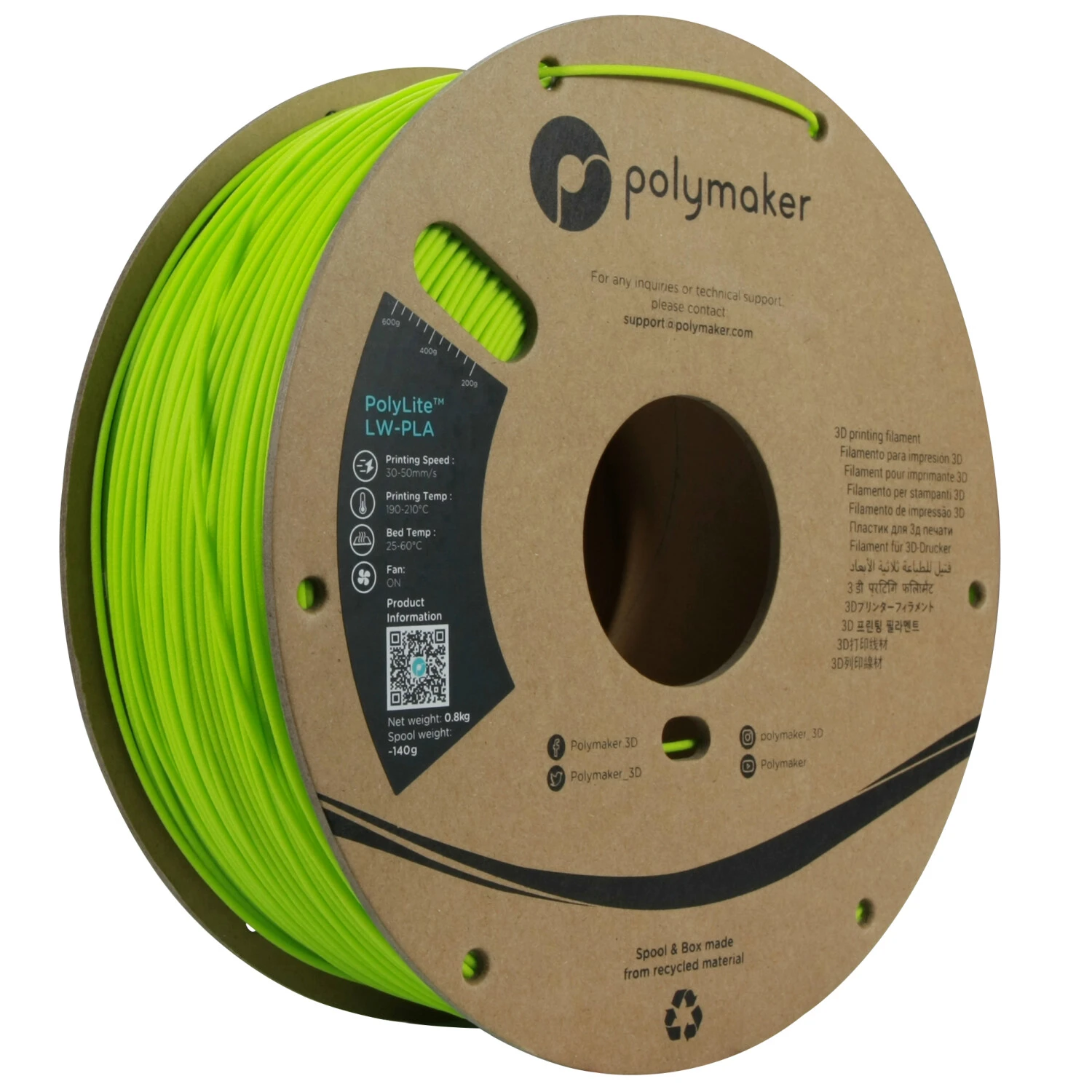 Polymaker PolyLite LW-PLA Bright Green, 1.75 mm, 800g